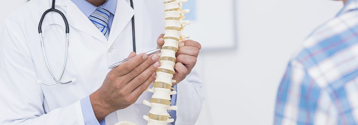 Doctor pointing to spine model in a patient meeting