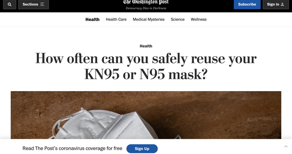 Screen capture of the Washington Post Article "How often can you safely reuse your KN95 of N95 mask?"