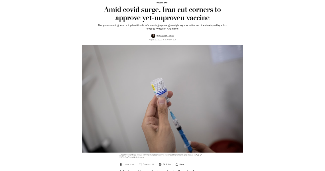 Screenshot of Washington post article covid vaccine