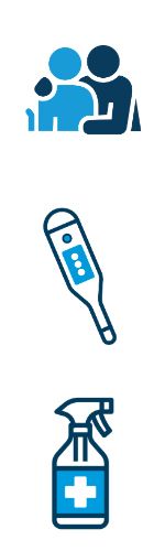 Icons from top to bottom: two people hugging, thermometer, and a spritz bottle