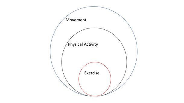 Venn diagram of three categories enveloping the next from top-down: movement, physical activity, and exercise