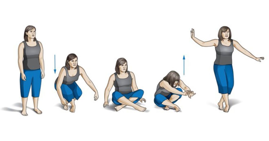 A person performing the sit-rise test: From standing, lowering into a sitting position and then standing back up without use of the hands.