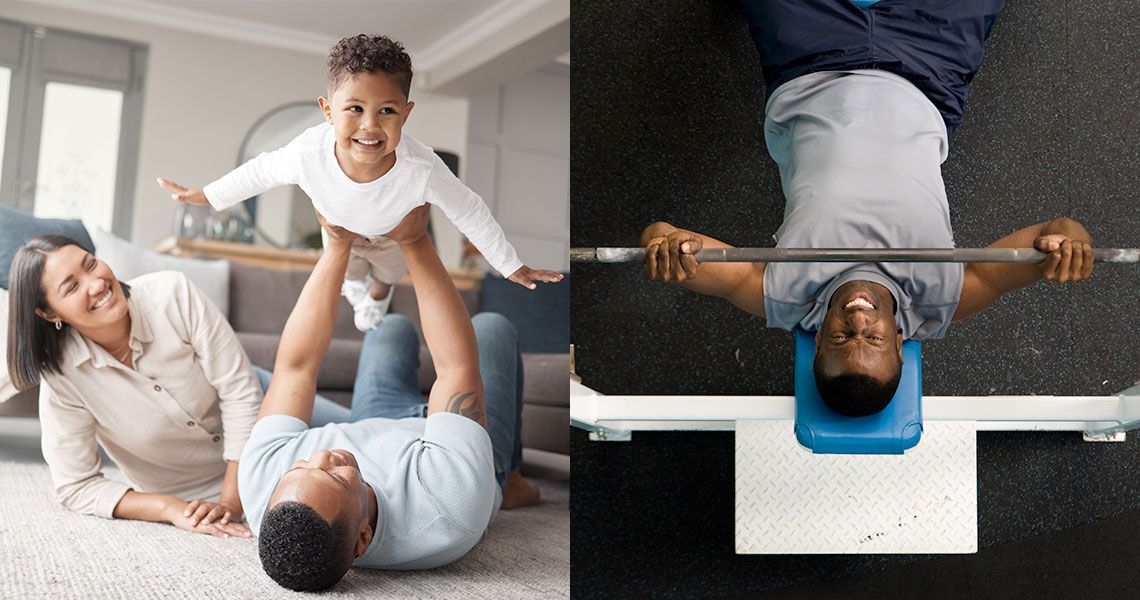 A father lifting his child, and a man lifting a barbell